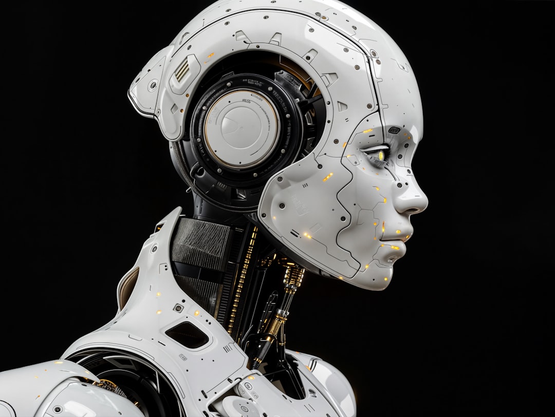 programs-01 A face of a humanoid robot, side view on black background